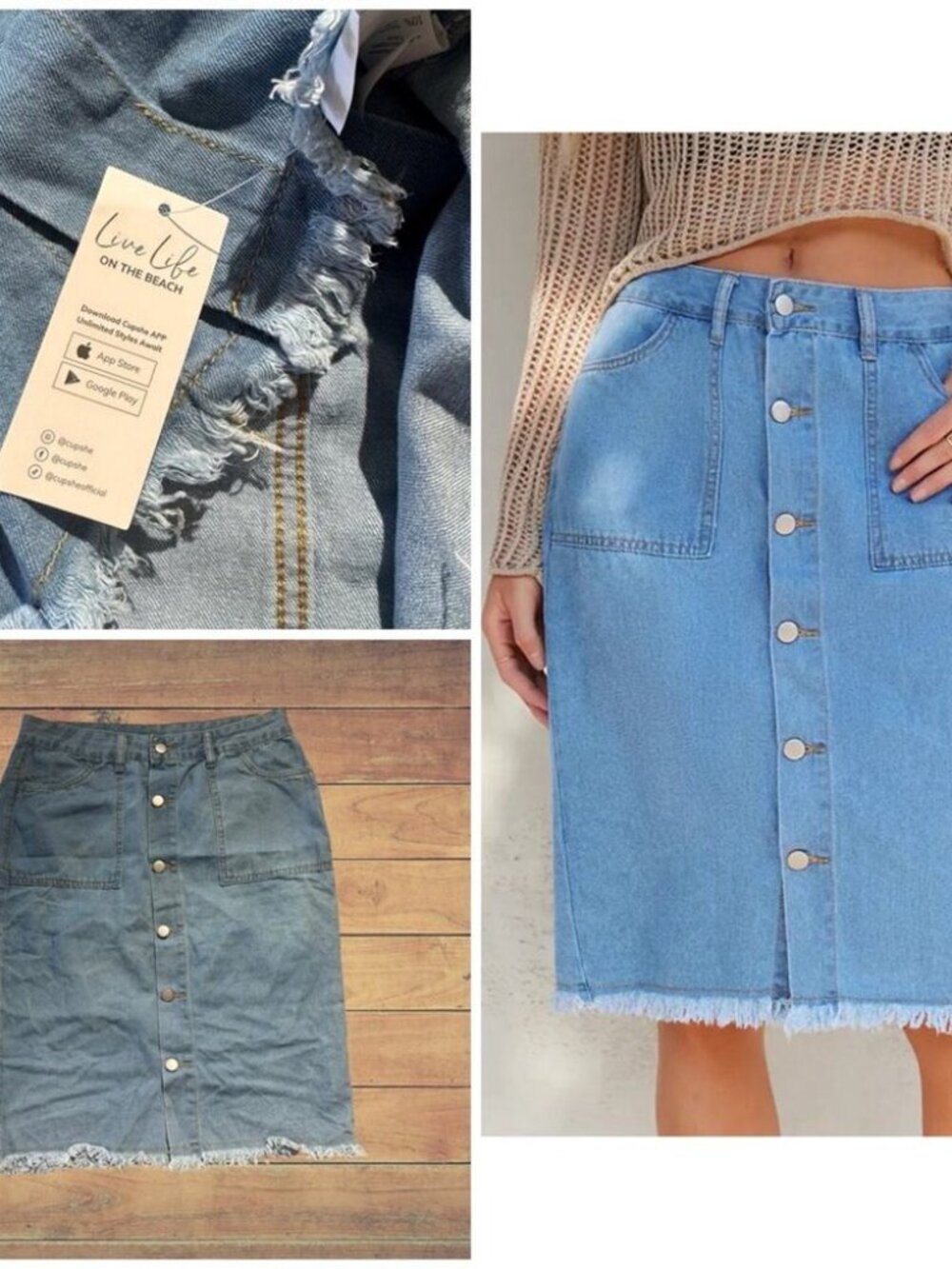 NEW Cupshe Denim Front Button Frayed Midi Skirt, Medium